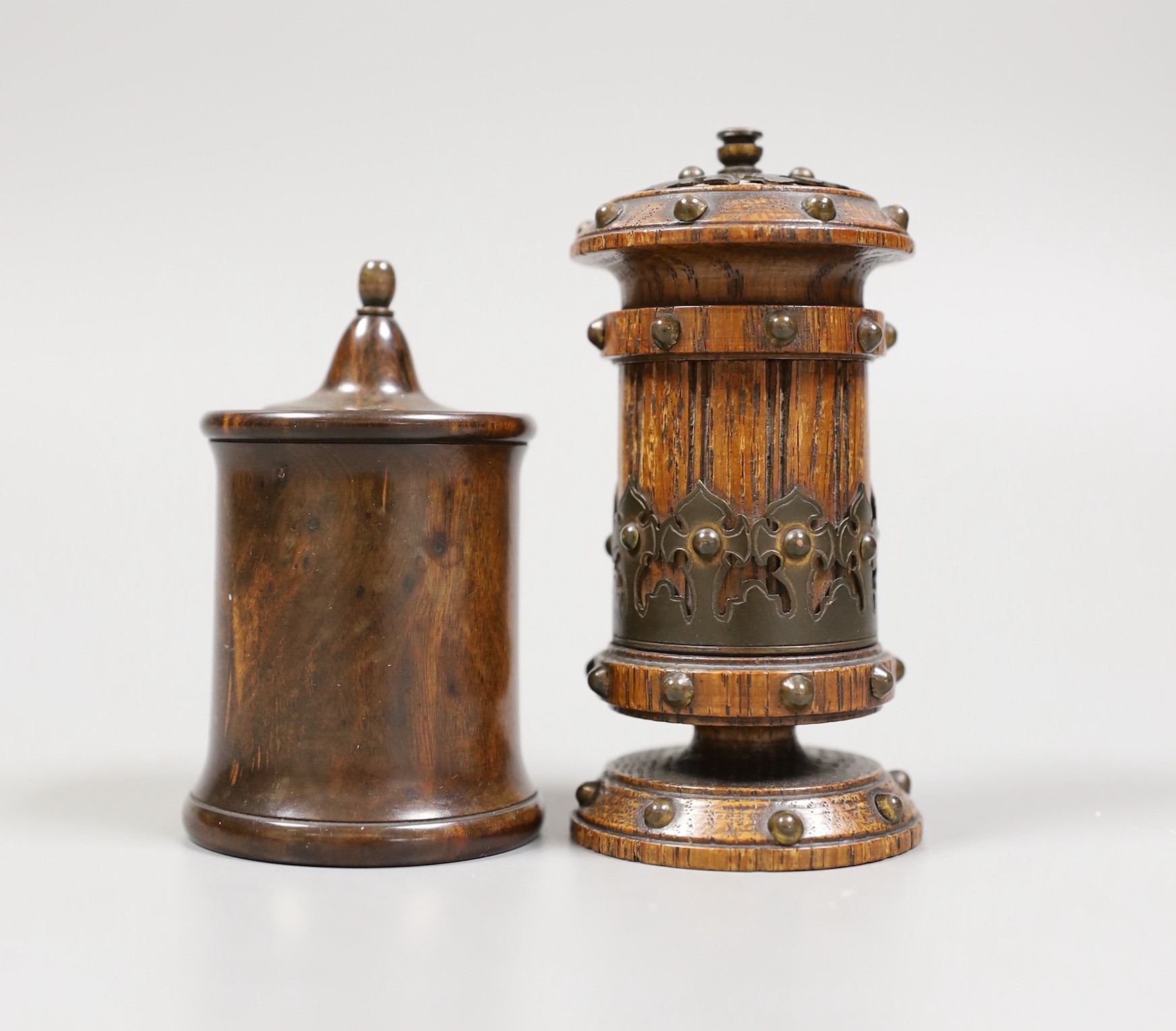 A group of treen items to include a Mauchline ware box, a Tunbridge box and two other boxes, tallest 10cm, (4)